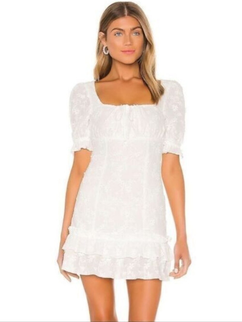 Majorelle Brio Mini Dress Floral Embroidery White Puff Sleeve Ruffle Size S